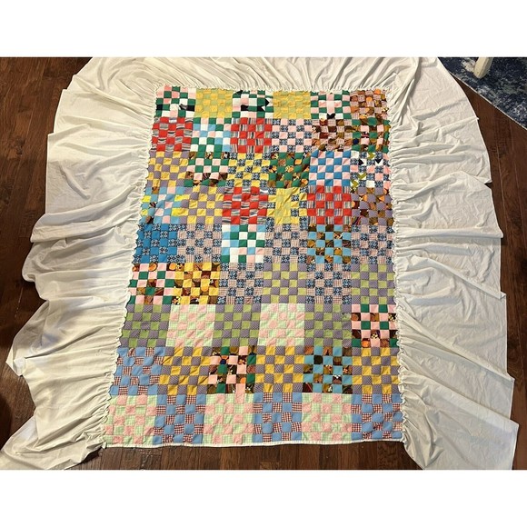 Vintage Handmade 25 Patch Block Quilt Knit 77x52 Dust Ruffle Skirt Farmhouse